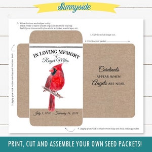 DIY printable memorial seed packet with Cardinal bird, in memory funeral favor, keepsake momento, fill with bird seed image 1