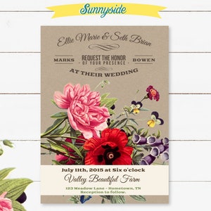 DIY invitación de boda de flores silvestres y tarjeta de respuesta con estilo letterpress vintage sobre fondo kraft rústico