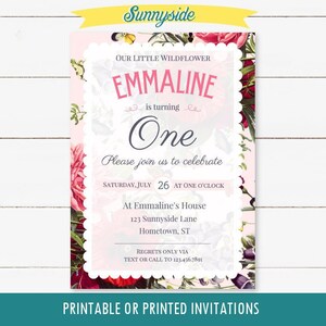 Wildflower Girl&#39;s 1st first birthday printable invitation, pink, gold, navy, can be customized for any age, wild flower party, digital