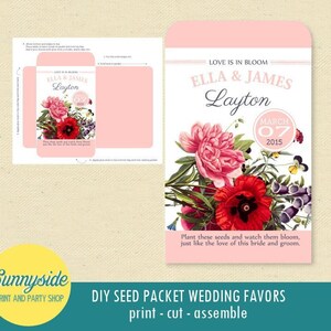 May include: A pink and white wedding favor seed packet with a floral design. The packet says "Love is in Bloom Ella & James Layton March 07 2015" and "Plant these seeds and watch them bloom, just like the love of this bride and groom."