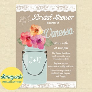 Lace Mason Jar Bridal Shower Invitation, Wedding Party Invite, PRINTABLE digital invite, Kraft, Burlap, rustic wedding shower file