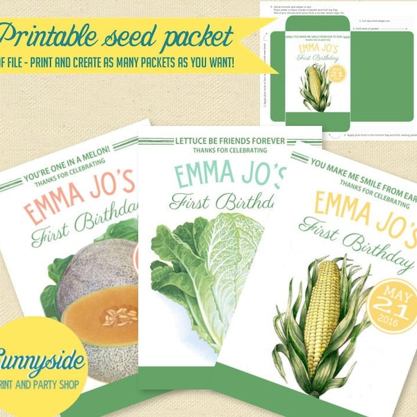 Printable vegetable seed packet favor for farm party, personalized birthday favor with fun garden puns melon corn lettuce strawberry