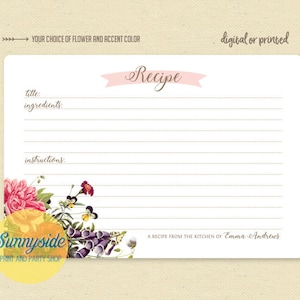 Tarjetas de recetas imprimibles personalizadas: usted elige flor y tamaño 3x5 o 4x6. ¡Perfecto para recetas familiares o regalos de despedida de soltera!