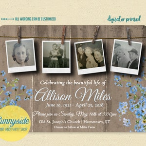 Memorial invitation, celebration of life card with photos, remembrance card, funeral memorial card // printable or printed // forget me nots