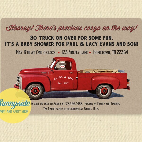 PRINTABLE Sock monkey baby shower invitation, retro baby shower invite, boy shower invite, truck baby shower, vintage style