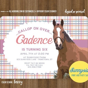 Girls Horse Birthday Party Invitation - Printable Horse Pony Birthday Invite - Purple Blue or Pink color, country, farm birthday invite
