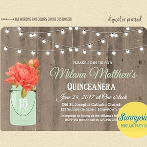 Quinceañera Invitation // Coral Peony in mason jar with woodgrain background // printable or printed invitations, vintage floral image 1