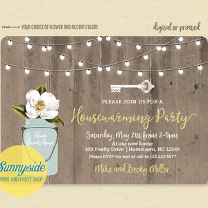 Rustic Housewarming Invitation with Mason Jar, Barnwood & Lights - House Warming Party Printable Digital Invite, Home Sweet Home, New Home