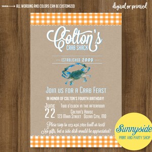 Crab feast birthday invitation, boys summer birthday invite, printable or printed invitations, maryland, blue crab beach theme