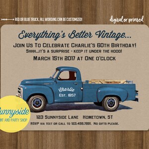 Men&#39;s Vintage Truck Birthday Invitation / surprise birthday invite with blue or red retro pickup / milestone birthday party / under the hood