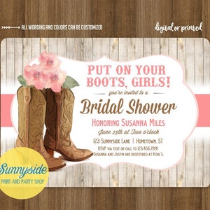 Printable Cowgirl Boots Bridal Shower Invitation for Country Western Wedding Shower, your choice of flower and colors!