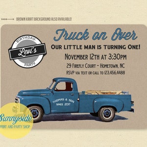 Truck Birthday Invitation - retro pickup truck in red or blue, truck on over birthday party invite, printable invitation with photo, vintage