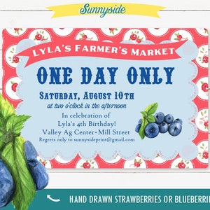 Farmer's Market Birthday Invitation with watercolor strawberry or blueberry, vintage style berry party // printable digital invite file image 1