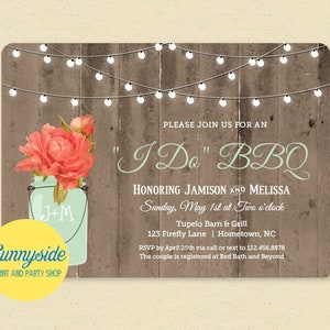 I Do BBQ Printable Invitation with rustic mason jar, barbecue wedding couples shower invite, Barn Wood & Lights invite image 1