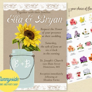 Mason jar printable wedding invitations // kraft burlap lace diy printable invites // barn, country or rustic wedding // you choose flower image 1