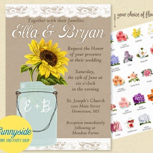 Invitations de mariage imprimables en pot Mason // kraft burlap dentelle diy imprimable invite // grange, pays ou mariage rustique // vous choisissez la fleur!
