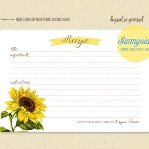 Botanical floral recipe card sunflower // printable digital card // personalized recipe cards // bridal shower gift // housewarming gift image 1