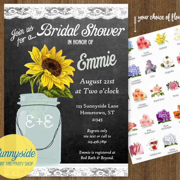 Chalkboard Bridal Shower Invitation with sunflower in mason jar, printable JPG PDF country invite with lace