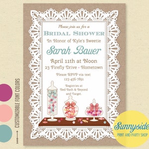 Sweet / Candy themed Bridal Shower Invitation // Vintage Style Burlap and Lace // Printable or Printed Bridal Shower Invite image 1