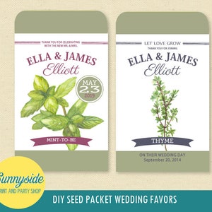 May include: Two seed packets for a wedding favor. The left packet is green with a watercolor illustration of mint and the text "MINT-TO-BE". The right packet is green with a watercolor illustration of thyme and the text "THYME". Both packets have the couple's names, "ELLA & JAMES Elliott", and wedding date.