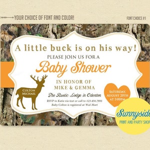 Camo buck printable baby shower invitation with orange for baby boy, deer, hunter, camouflage theme, fawn