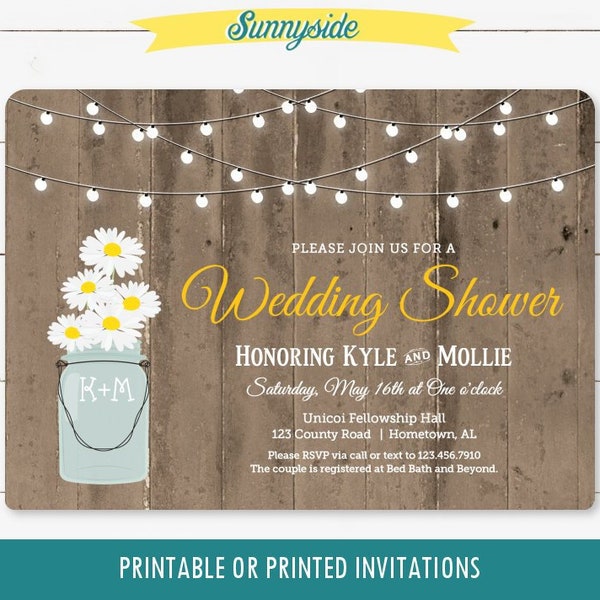 Daisy Bridal Shower Invitation, Mason Jar Invitation, Daisy Wedding, Rustic Shower Invite, Daisies Barnwood Lights, Printable Digital