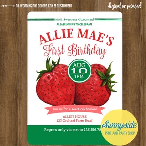 Strawberry birthday invitation, berry sweet party invite, first birthday or any age,  printable or printed berries invitation farmers market
