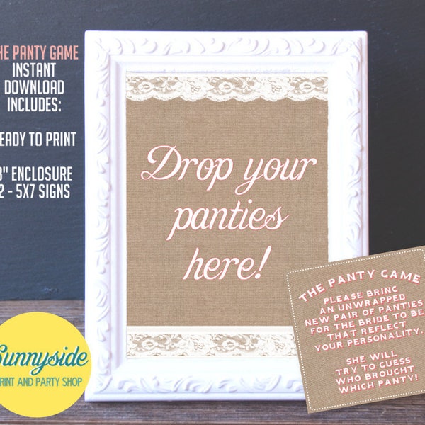 Panty Game printable SIGN with coordinating inserts in pink with burlap and lace for lingerie party / bridal shower game