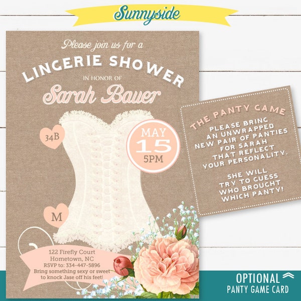 Bridal Shower Lingerie Invitation - Pink Blush Corset Lingerie Shower Invite with burlap and optional panty game, printable digital file