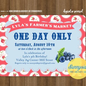 Blueberry Birthday Invitation Farmer's Market Party Invite printable digital berry invitations, vintage style image 1