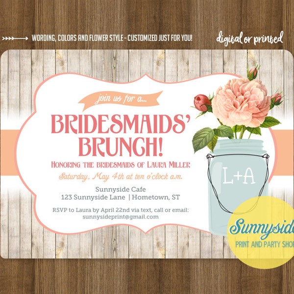 Bridesmaids Brunch invitation // rustic mason jar brunch luncheon shower invite // printable or printed invitations // you choose flower