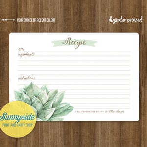 Succulent recipe card // printable or printed recipe card 3x5 or 4x6 // bridal kitchen shower recipe with succulents // personalized recipe image 1