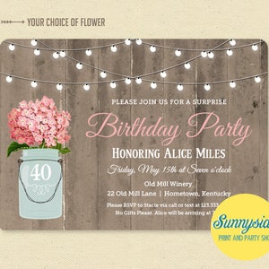 Birthday Invitation Rustic Floral Mason Jar - Surprise Birthday Party Invitation - Barn party printable personalized invite for any age