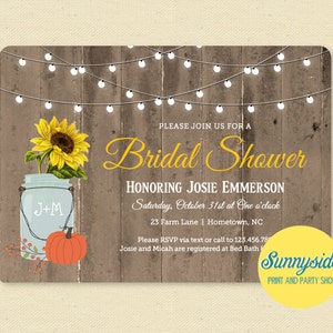 Rustic Fall Bridal Shower Invitation // Barnwood Pumpkin Sunflower & Lights Shower Invite // Printable or Printed wedding shower invitations image 1