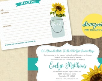 LONG DISTANCE Recipe Bridal Shower Invitation & Recipe Card, Printable, Printed, Sunflower Peony You Choose Flower, Shower by Mail, Rustic