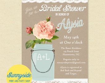 Peach Rose Rustic Bridal Shower Invitation, mason jar with kraft burlap and lace // country shower invite // printable or printed