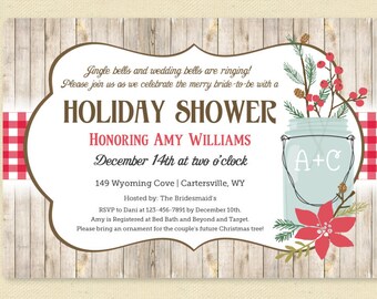 Merry Bride, Jingle Bells Christmas Bridal Shower Invite - Printable Invitation with Rustic Mason Jar,  printable or printed invitations