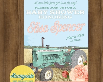 Farm baby girl shower invitation, farm baby shower tractor invite, baby girl printable digital invitation in peach and mint, locally grown