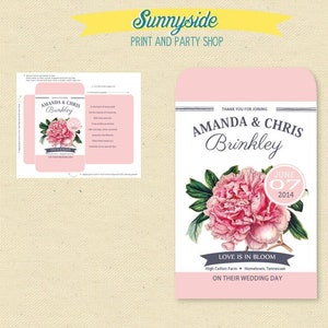 Bomboniera personalizzata con bustina di semi stampabile con peonia rosa - Bomboniera fai da te stampabile per matrimonio in giardino rustico o in fienile