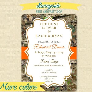 HUNT IS OVER Rehearsal Dinner Invitation Camo / Camouflage Wedding Dinner Invite, printable digital file image 1