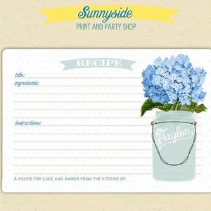 Afdrukbare recept kaart ontwerp met Mason jar-u kiest bloem-gepersonaliseerde afdrukbare digitale Mason jar recept kaart JPG en PDF