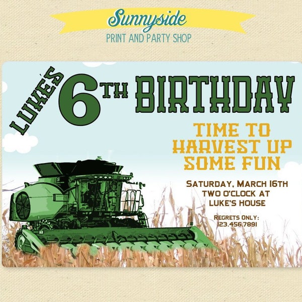 FARM Birthday Invitation - Combine / Harvester / Harvest - Boys Farming Birthday Invite - Green, Red or Blue printable digital file