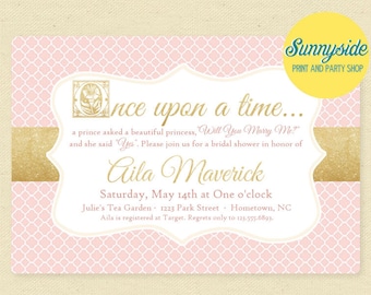 Printable Once Upon a Time Bridal Shower Storybook Invitation, Blush Pink & Gold Wedding Shower Digital Invite, fairy tale, prince