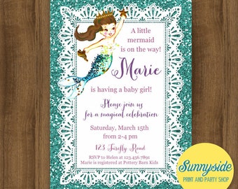 Mermaid Baby Shower Invitation // Printable or Printed invite with faux glitter // baby girl // blonde or brunette mermaid // ocean, sea