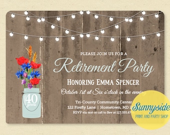 Rustic Retirement Invitation - Retirement Party Invitation - Mason Jar Barnwood & Lights Printable Invite, Retiring Surprise