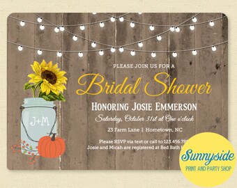 Rustic Fall Bridal Shower Invitation // Barnwood Pumpkin Sunflower & Lights Shower Invite // Printable or Printed wedding shower invitations