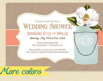 Wedding Shower Invitation - Monogram Burlap Mason Jar - Magnolia Bridal Shower Invitation - Garden Shower Invite, Any flower, any color!
