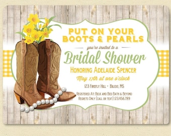 PRINTABLE Spring Cowgirl Boots Bridal Shower Invitation, Country / Western Printable Invite with yellow daffodils, springtime shower