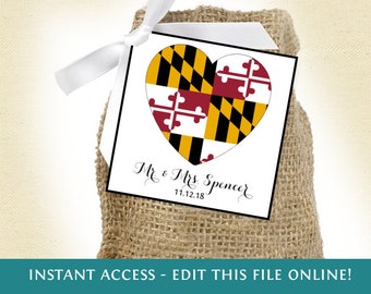 Maryland flag printable square STATE favor tag for MD wedding, access instantly to personalize and edit online