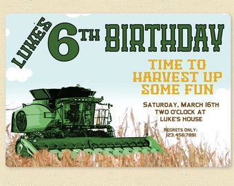 FARM Birthday Invitation - Combine / Harvester / Harvest - Boys Farming Birthday Invite - Green, Red or Blue printable digital file